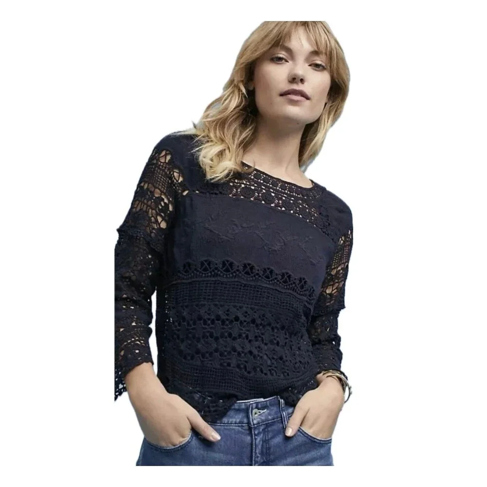 Anthropologie Deletta Navy Bohemian Crochet Lace Embroider Blouse Cover Up Top M